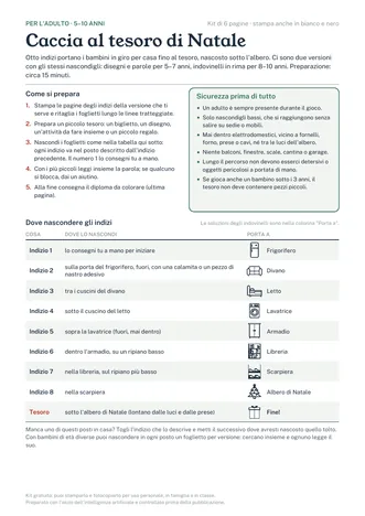 Anteprima della prima pagina del kit: istruzioni per l'adulto, regole di sicurezza e tabella dei nascondigli con piccoli disegni di frigorifero, divano, letto e albero di Natale