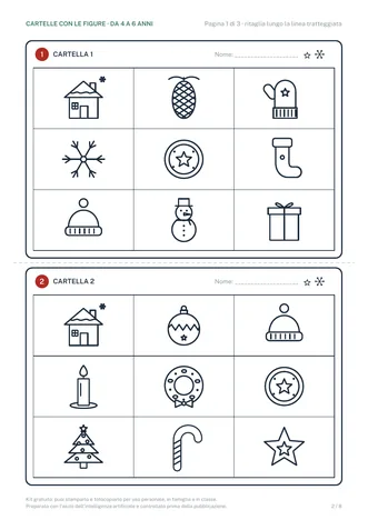 Anteprima di una pagina del kit: due cartelle da 9 caselle con disegni di Natale, tra cui casetta, pigna, guanto, fiocco di neve, calza, berretto e pupazzo di neve