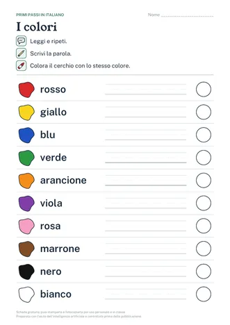 Anteprima della scheda sui colori: dieci righe con una macchia di colore, il nome del colore, le righe per scriverlo e un cerchio da colorare