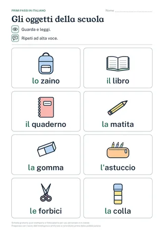 Anteprima della scheda sugli oggetti della scuola: otto riquadri con zaino, libro, quaderno, matita, gomma, astuccio, forbici e colla, ognuno con il nome e l'articolo