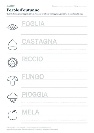 Anteprima della scheda: parole d'autunno come FOGLIA e CASTAGNA da ripassare, ognuna con il suo disegno