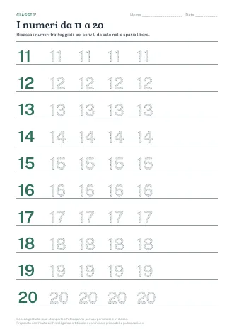 Anteprima della scheda: i numeri da 11 a 20 da ripassare