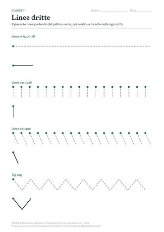 Anteprima della scheda: linee orizzontali, verticali, oblique e zig zag tratteggiate da ripassare