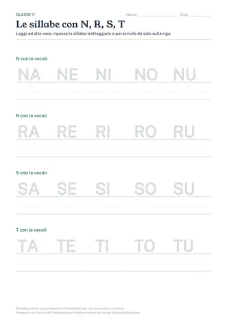Anteprima della scheda: le sillabe con N, R, S e T tratteggiate da ripassare